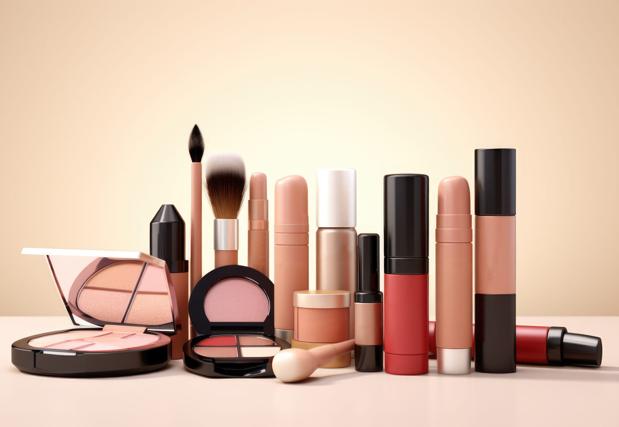 Set of decorative cosmetics on pink pastel background. Created with Generative AI technology.